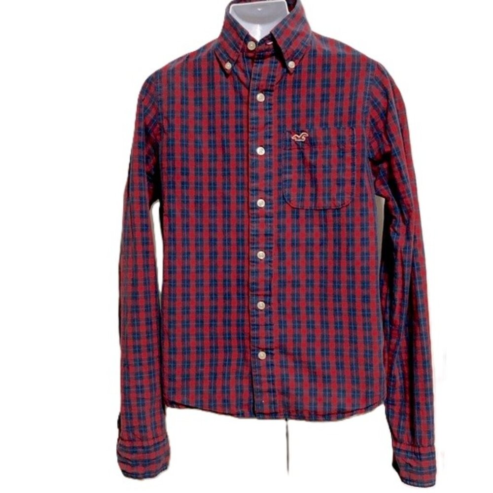 HOLLISTER Button Down Shirt Red Blue Plaid Casual  Western Cowboy Men Small